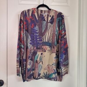 Togputel Fuzzy Oversized Pullover Sweater Allover Print Forest Scene Long Sleeve